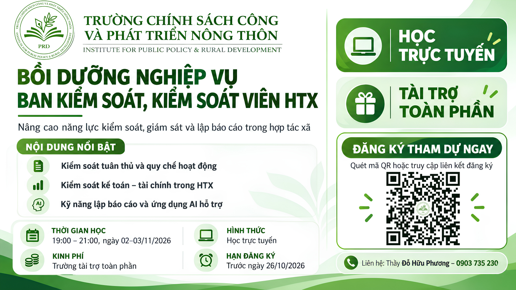 CHIÊU SINH LỚP BỒI DƯỠNG NGHIỆP VỤ BAN KIỂM SOÁT, KIỂM SOÁT VIÊN TRONG HỢP TÁC XÃ